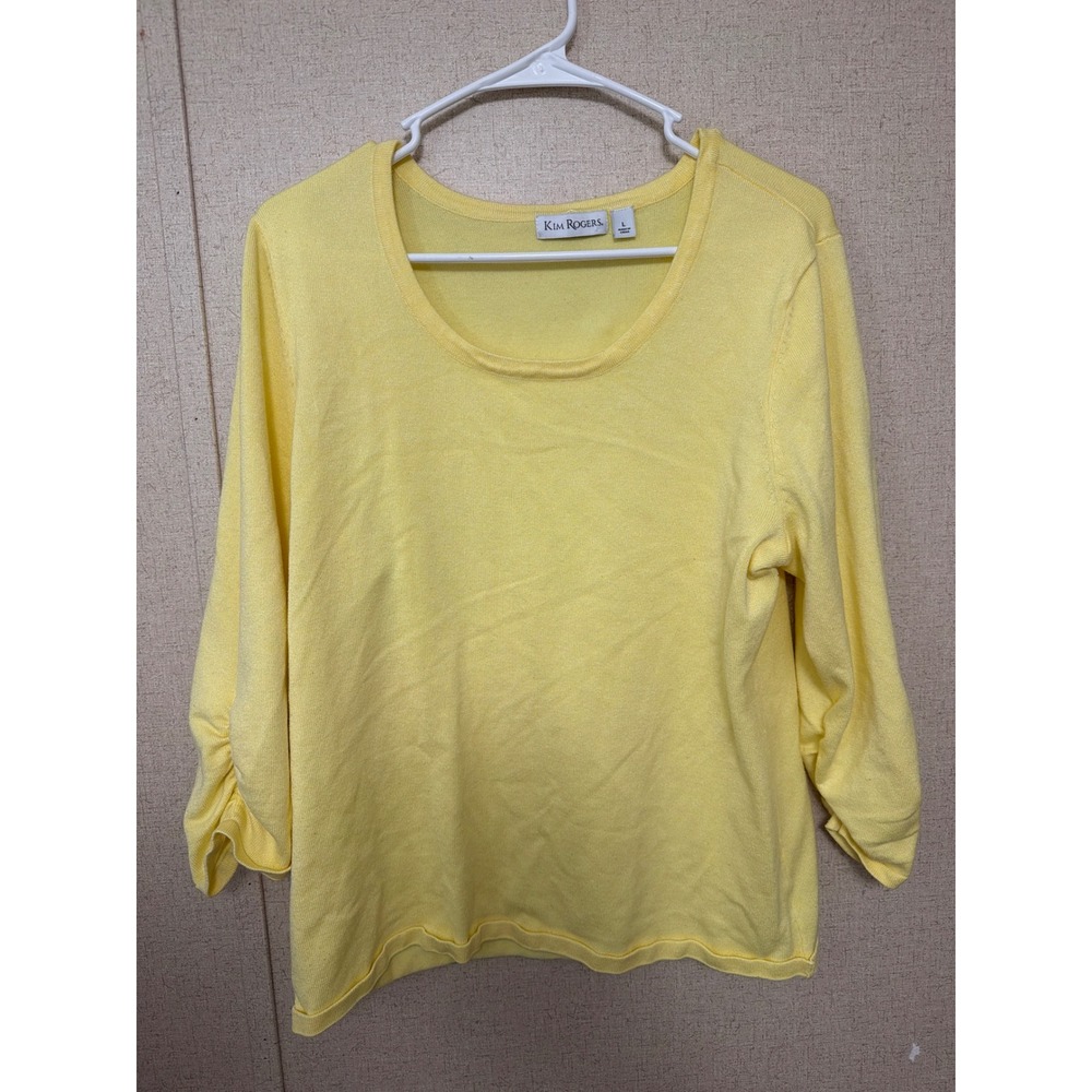 Kim Rogers Womens Yellow Scoop Neck 3/4 Ruched Sleeve Knit Sweater Top Large